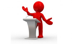 3d human give a lecture behind a podium